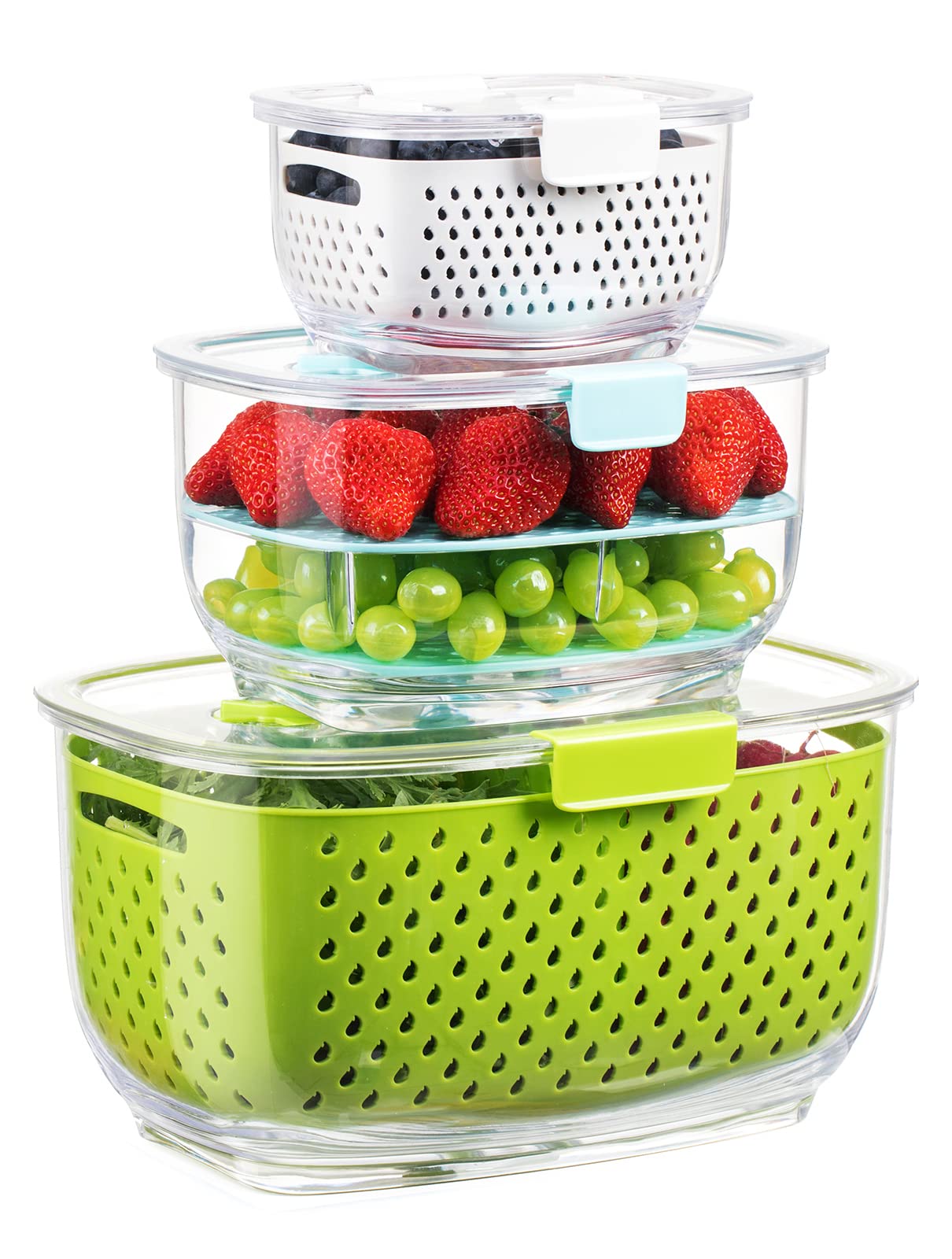 LUXEAR contenedores-frutas-verduras-3piezas mantienen la frescura en el refrigerador.