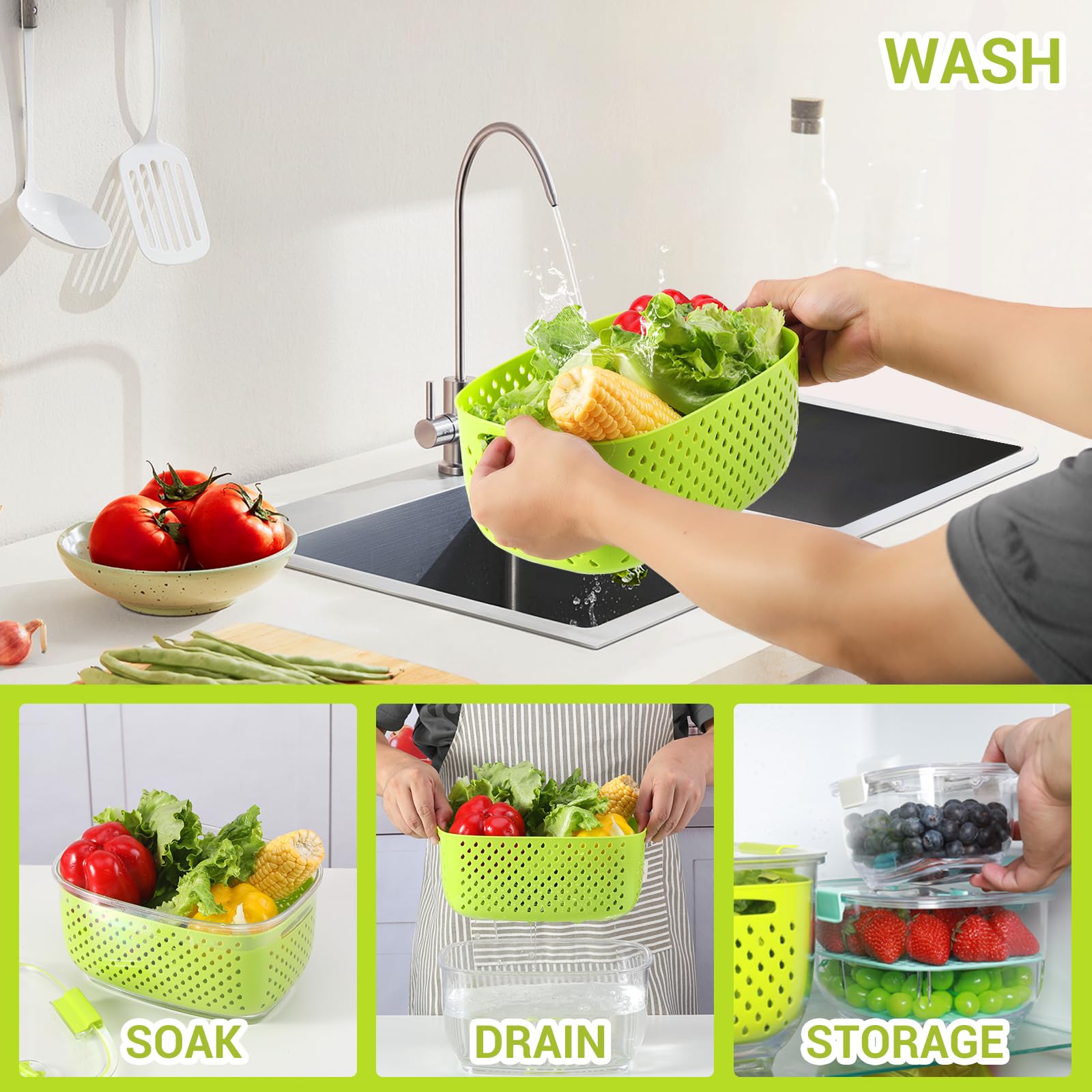 LUXEAR drenaje-colador base facilita lavar y escurrir frutas y verduras.