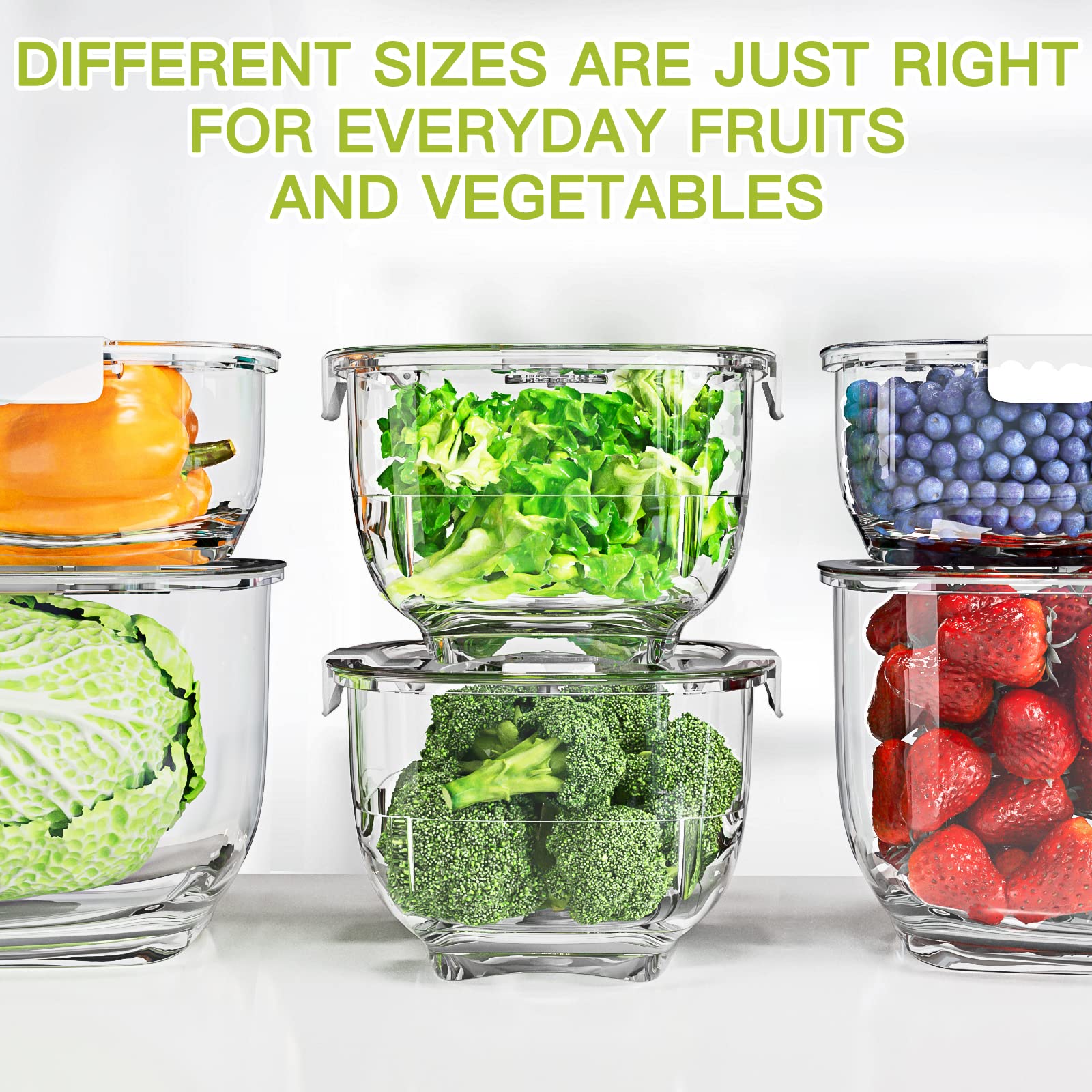 Conjunto de contenedores LUXEAR para frutas y verduras variadas.