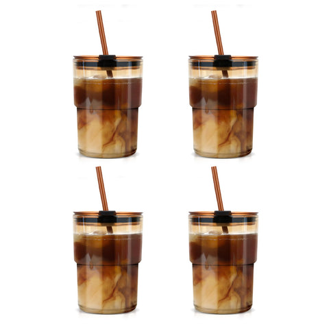 Vaso Luxfuel de vidrio 13oz en ámbar, paquete de 4, ideal para bebidas frías.