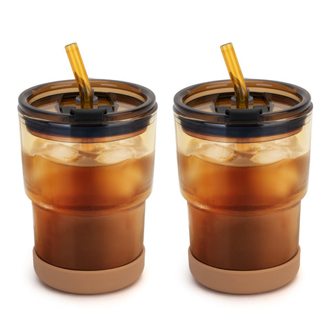 Luxgola vaso de vidrio 13oz con tapa y pajilla ámbar, ideal para bebidas frías.