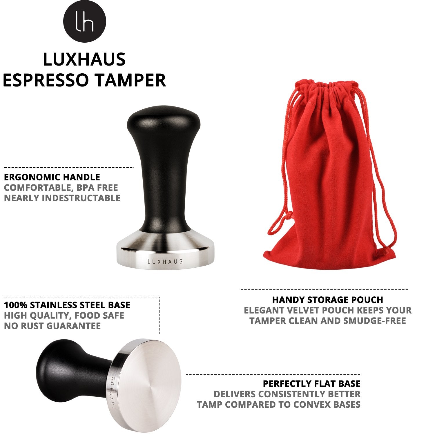 LuxHaus prensa para café expreso 58mm acabado acero inoxidable sin recubrimiento para seguridad alimentaria.