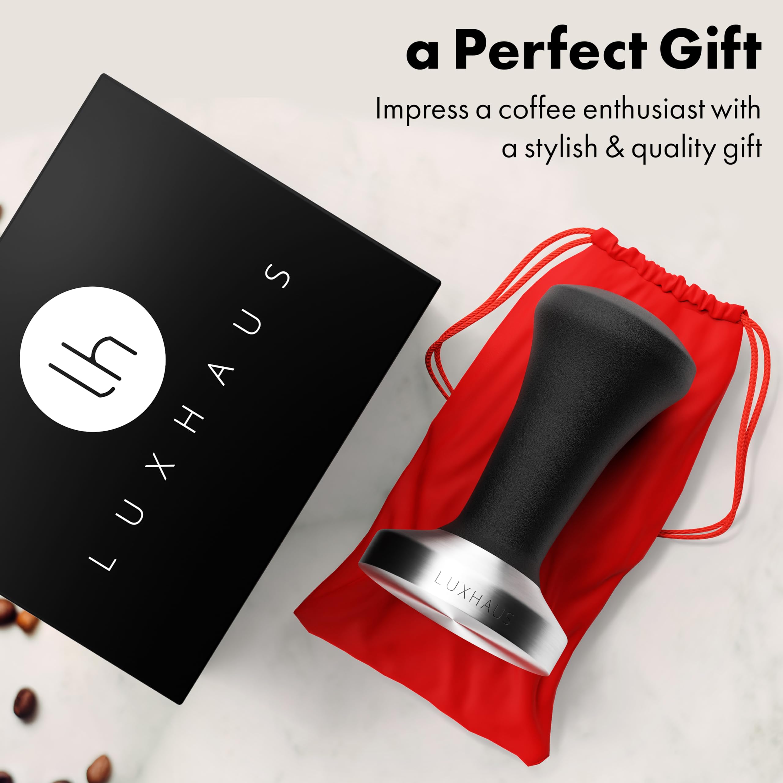 LuxHaus prensa para café expreso 58mm mango ergonómico para comodidad durante usos prolongados.