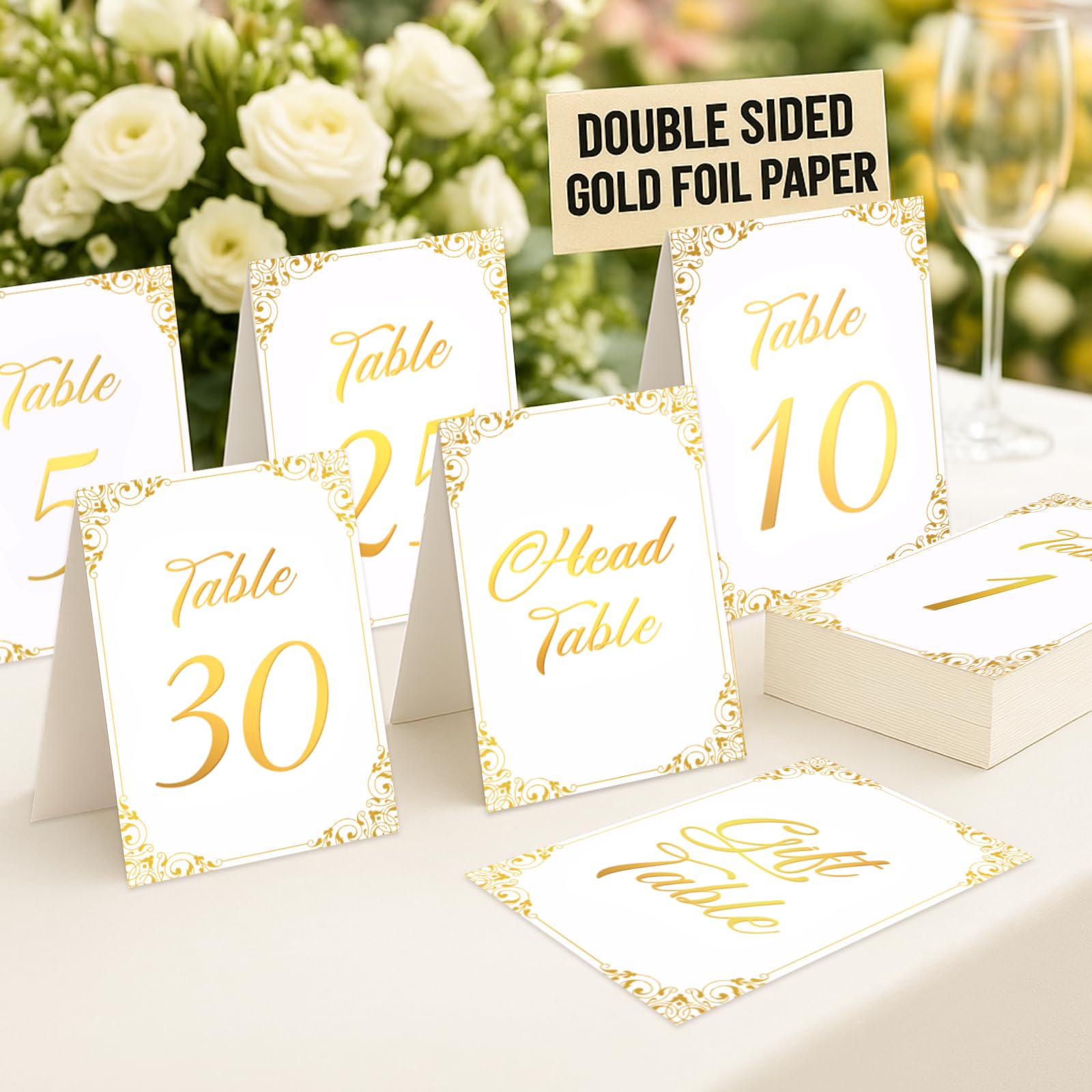LuxSoramia números de mesa dorados con lámina dorada, legibilidad desde lejos.