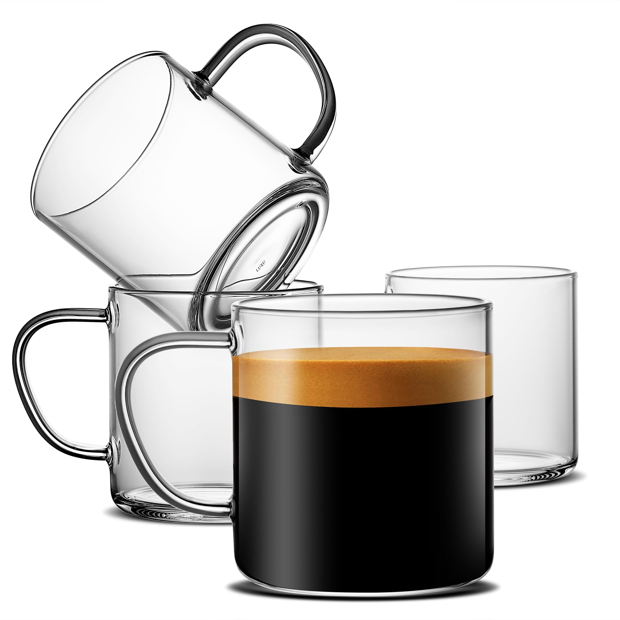 Luxu conjunto de 4 tazas cristal 14oz, ideal para servir café en casa.
