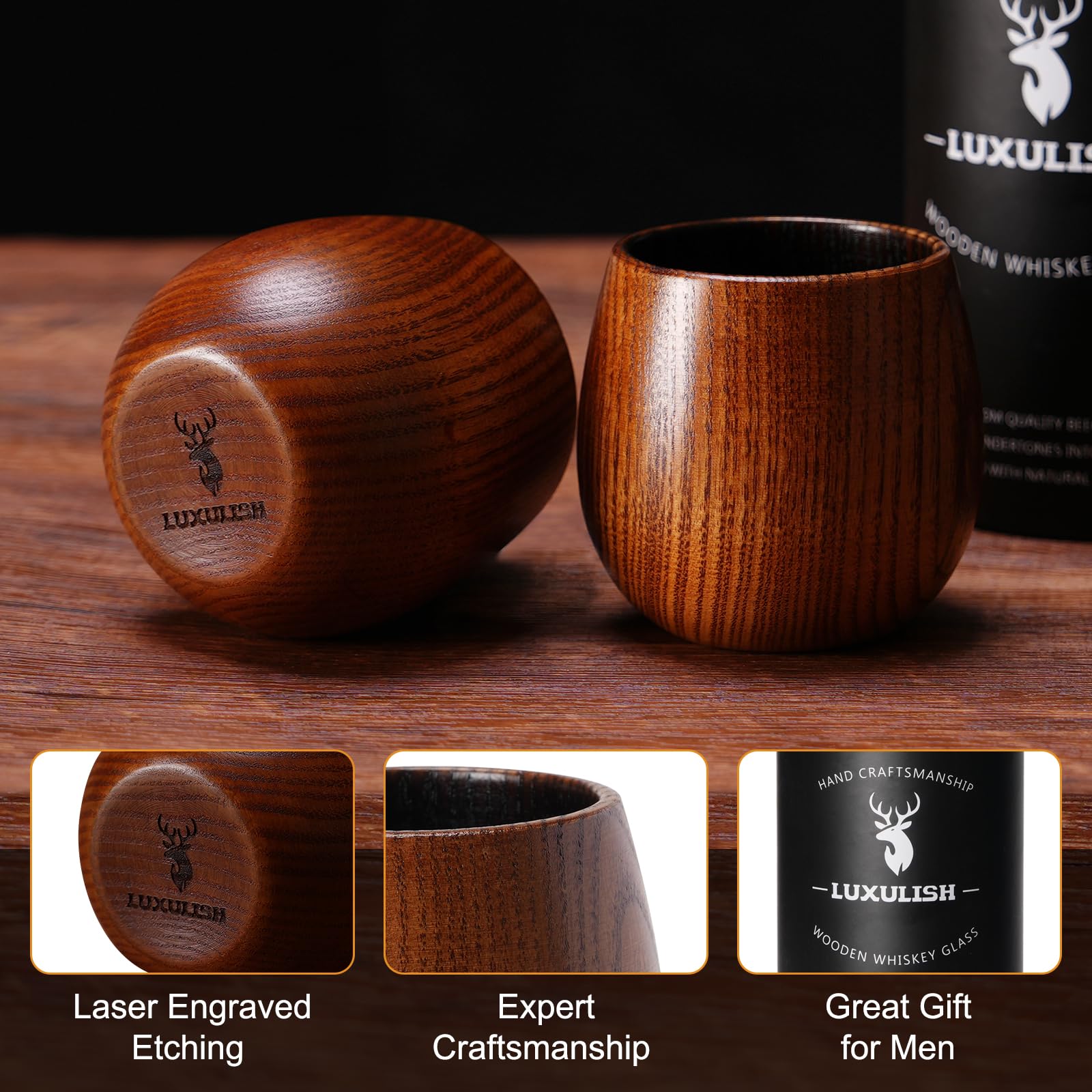 Regalo para hombre LUXULISH: vaso grabado y caja vintage.
