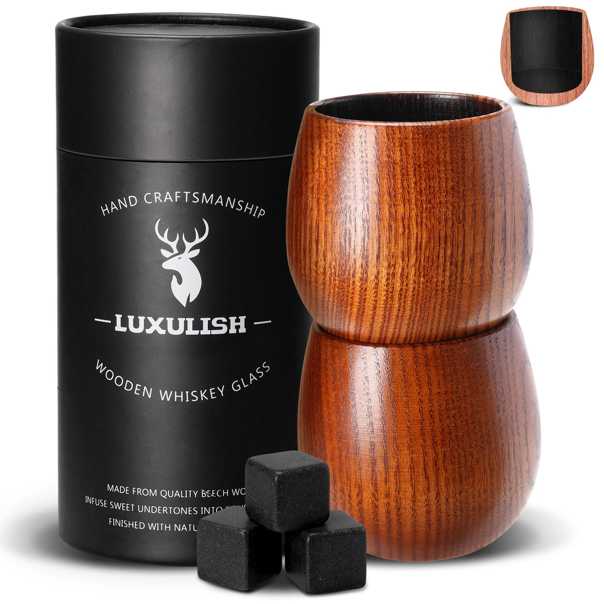 Vaso LUXULISH whisky con interior de madera carbonizada para realzar aromas.