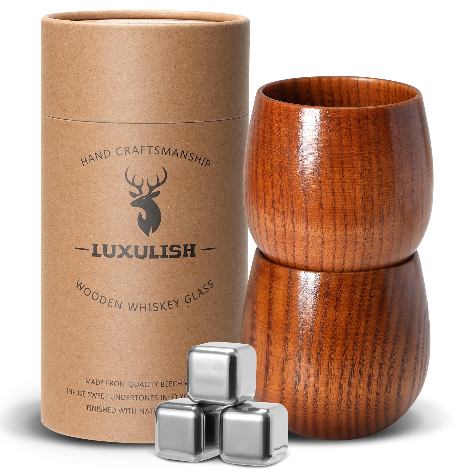 Vaso de whisky de madera LUXULISH con cubos de acero para enfriar sin diluir