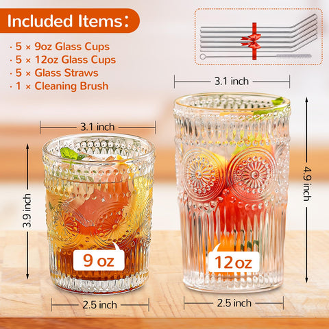 Vasos rocks vintage Lvtrupc con relieve floral, perfectos para whisky y bebidas cortas.