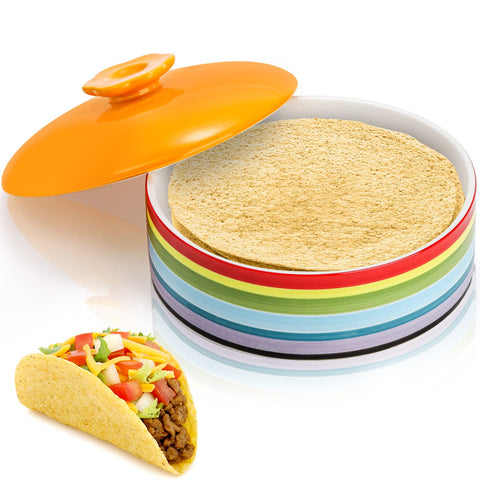 Lyellfe calentador de tortillas cerámico con tapa mantiene tibias las tortillas durante la comida