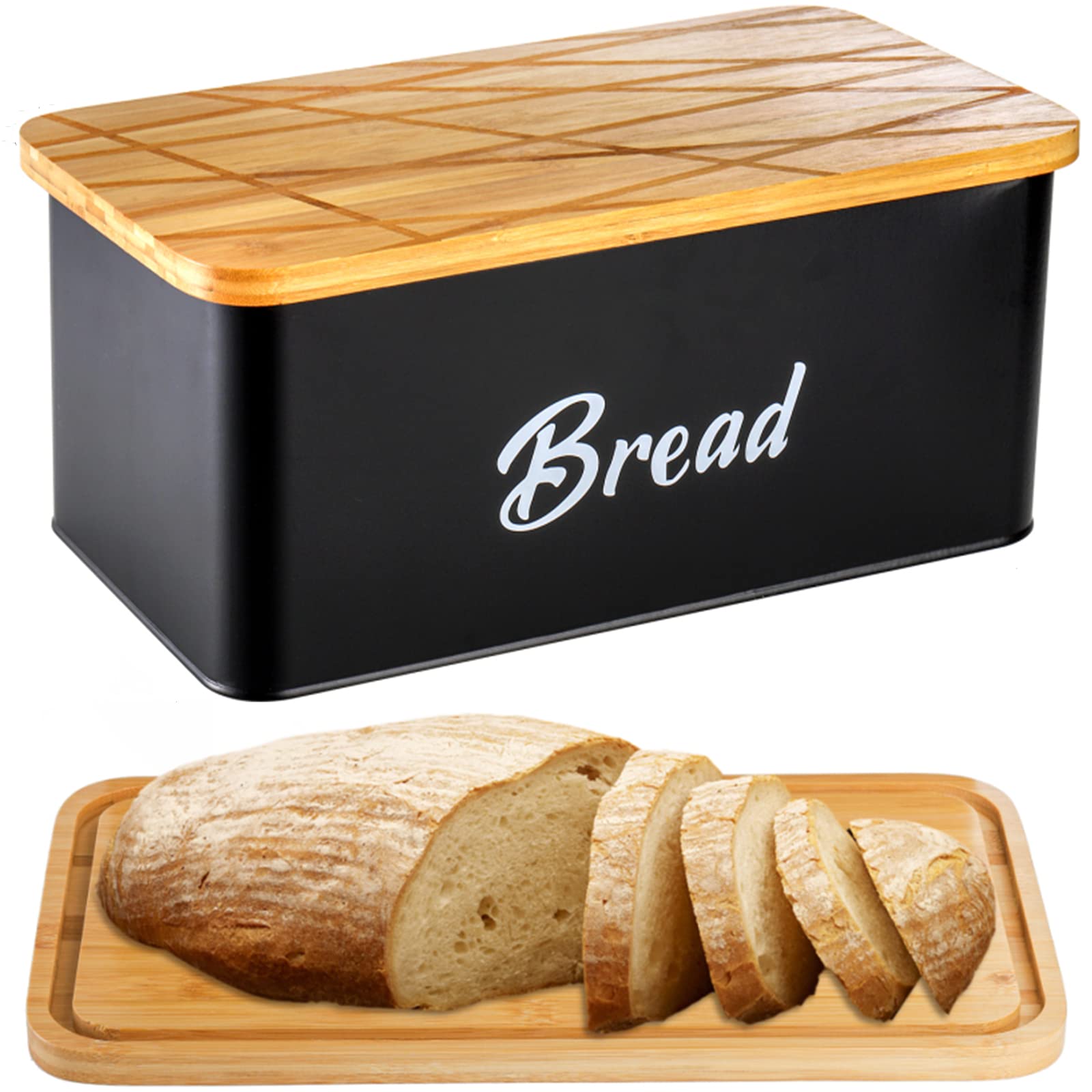 Panera de metal negra Lyellfe con tapa que funciona como tabla para cortar y servir.