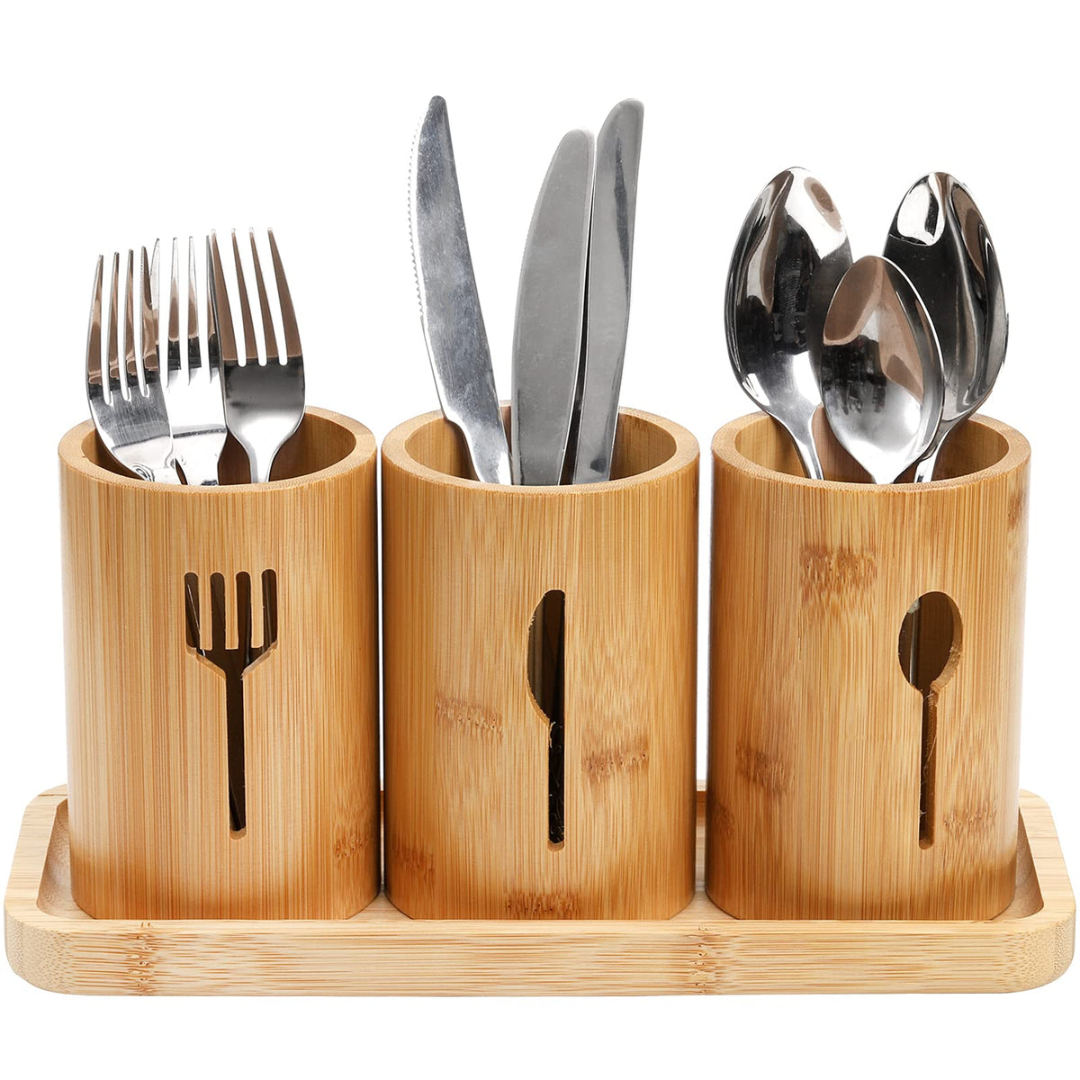 Lyellfe porta cubiertos de bambú con bandeja, organización clara para cucharas y cuchillos.