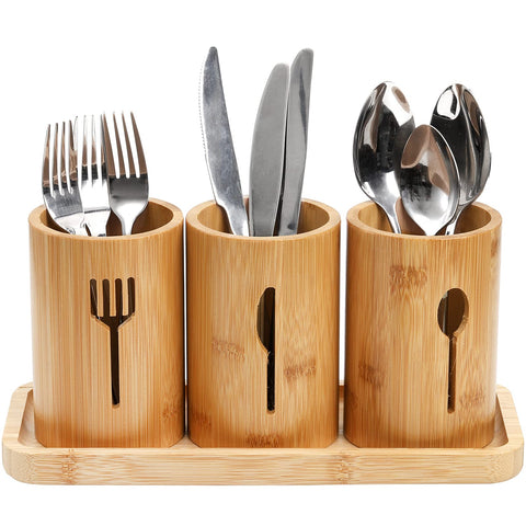 Lyellfe porta cubiertos de bambú con bandeja, organización clara para cucharas y cuchillos.