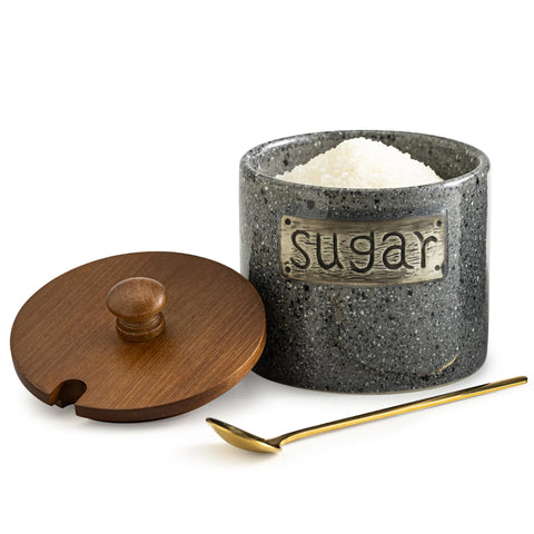 LYEOBOH azúcar-tapa-cuchara: azucarero de porcelana gris práctico en la encimera.