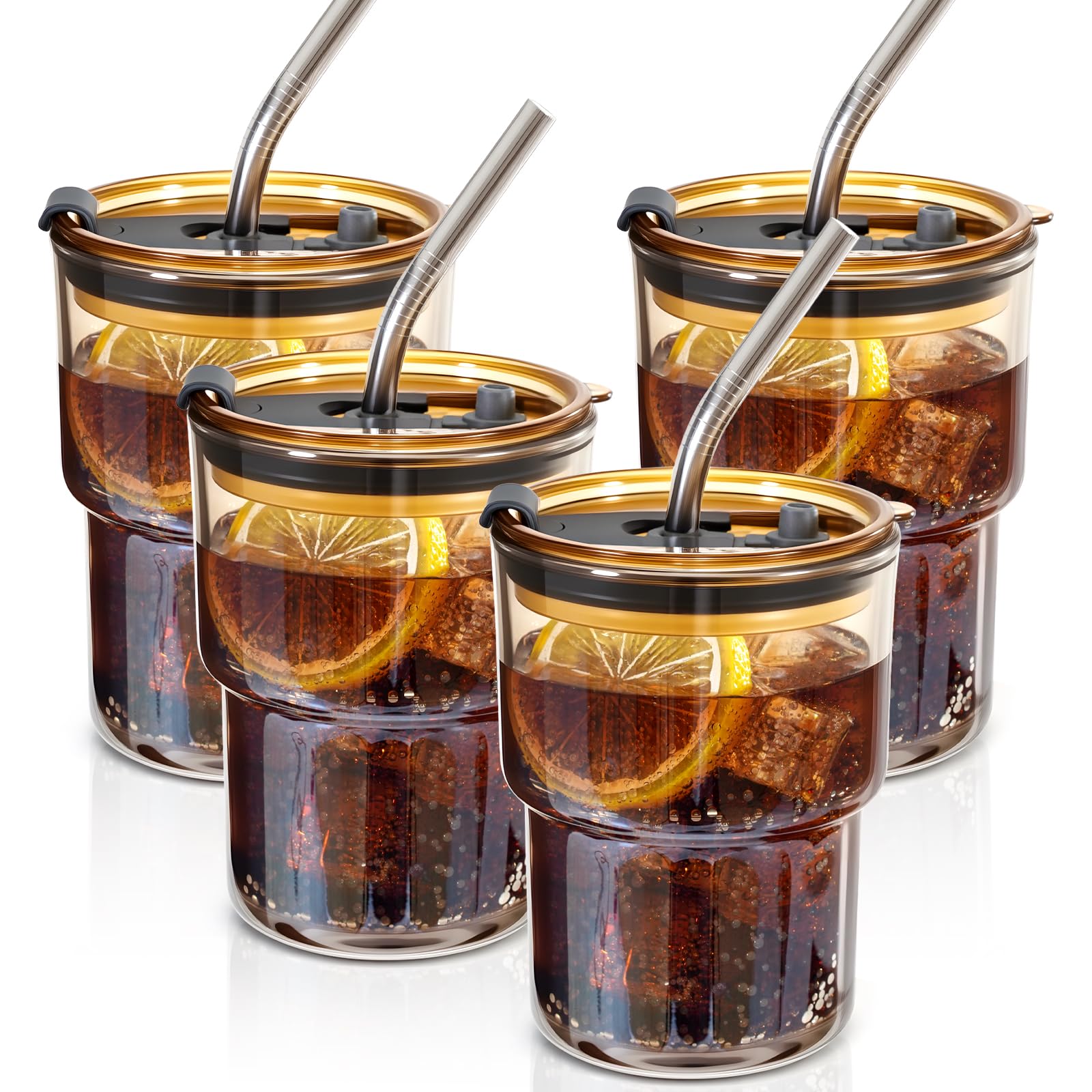 Lyghei vasos de vidrio con tapa y pajilla para bebidas frías y limpias