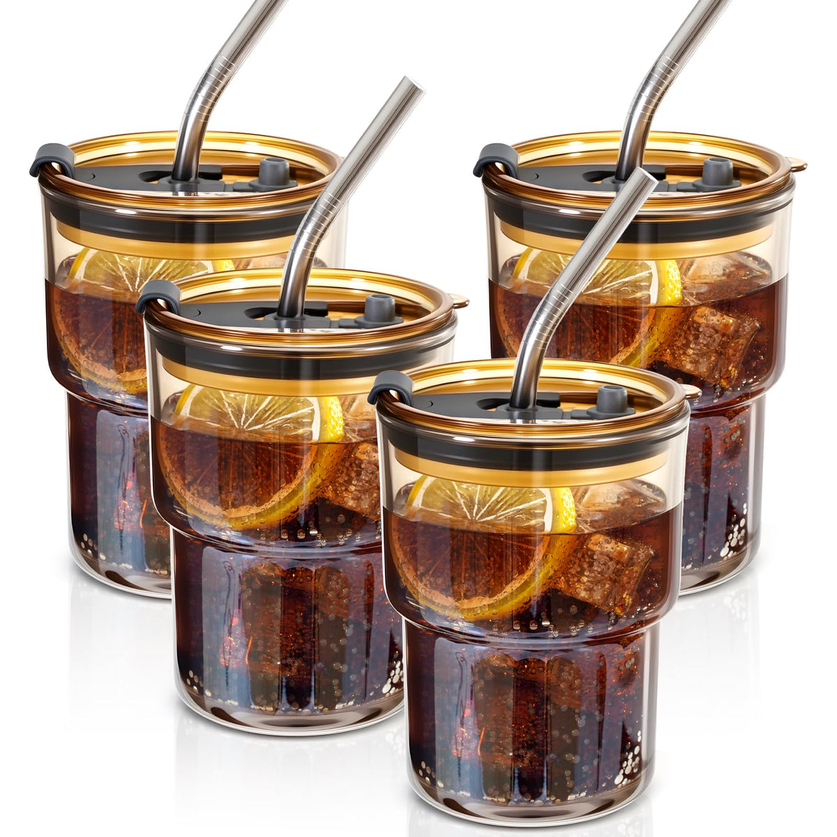 Lyghei vasos de vidrio con tapa y pajilla para bebidas frías y limpias