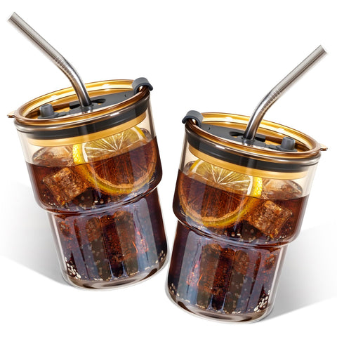 Vaso de vidrio Lyghei con tapa y pajilla para café frío
