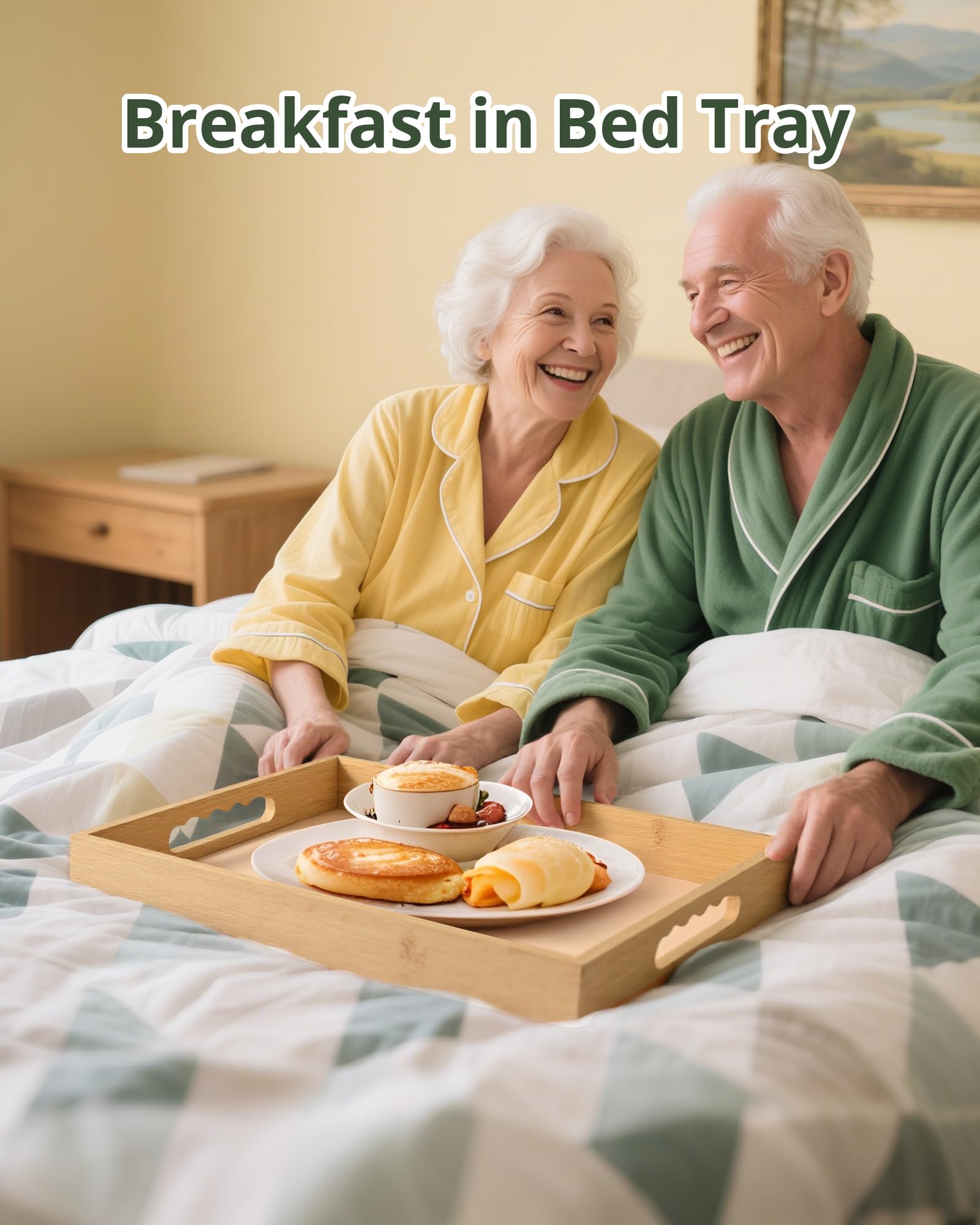 Bandeja LYNG para desayuno en cama con mango ergonómico y transporte estable.