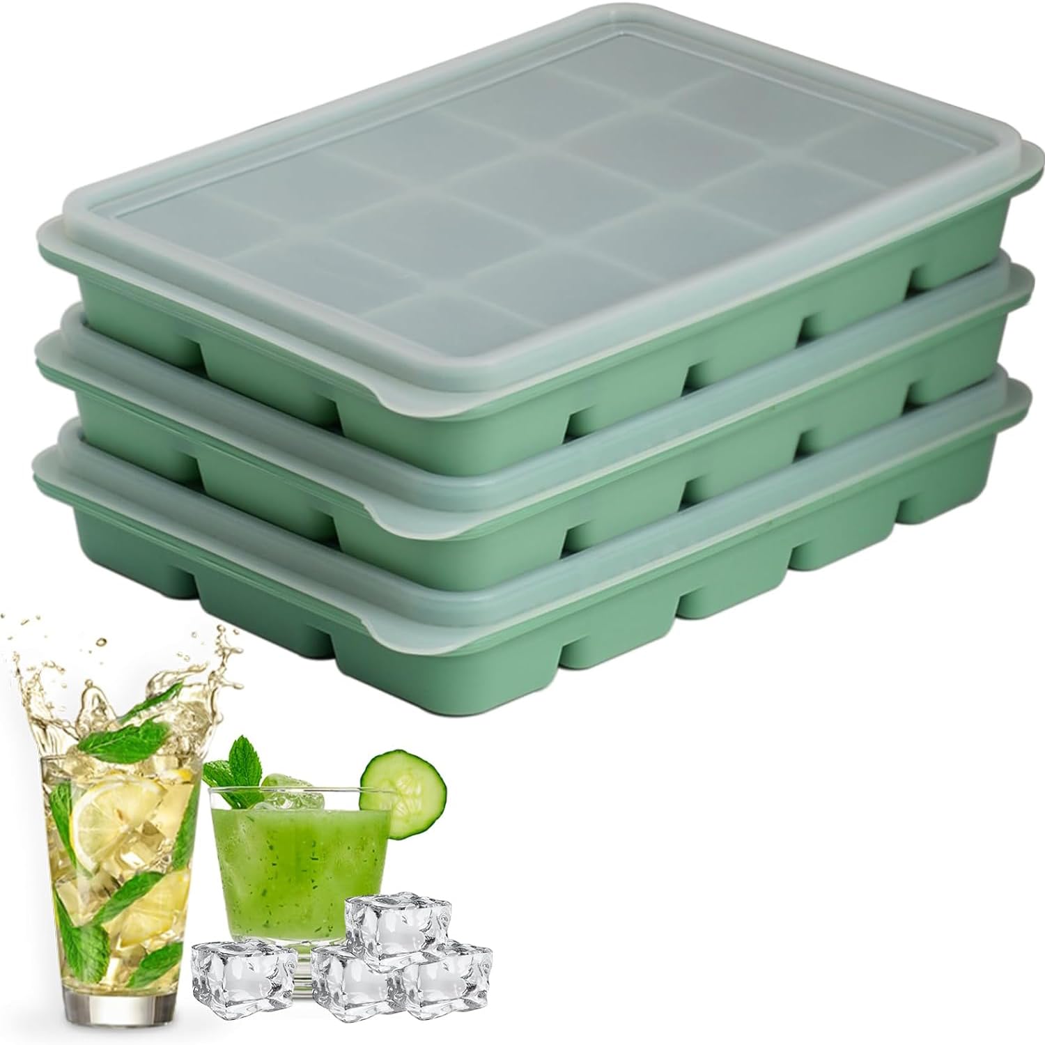 LYQOQYL bandejas de hielo con 3 unidades y tapa, facilidad de desmolde y almacenamiento.