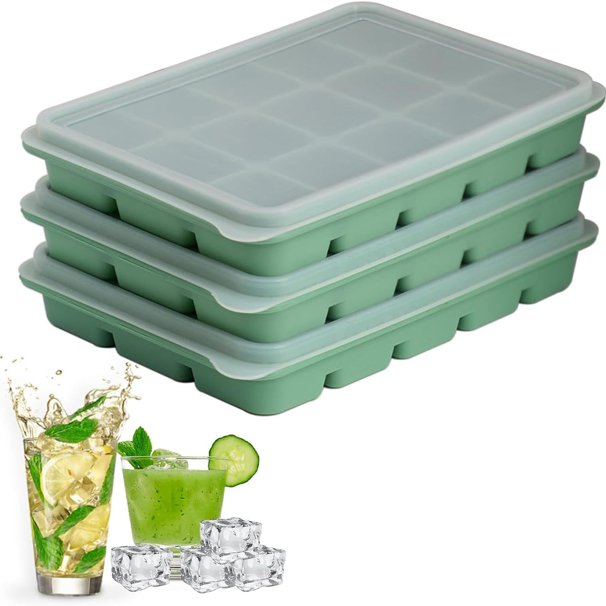 LYQOQYL bandejas de hielo con 3 unidades y tapa, facilidad de desmolde y almacenamiento.