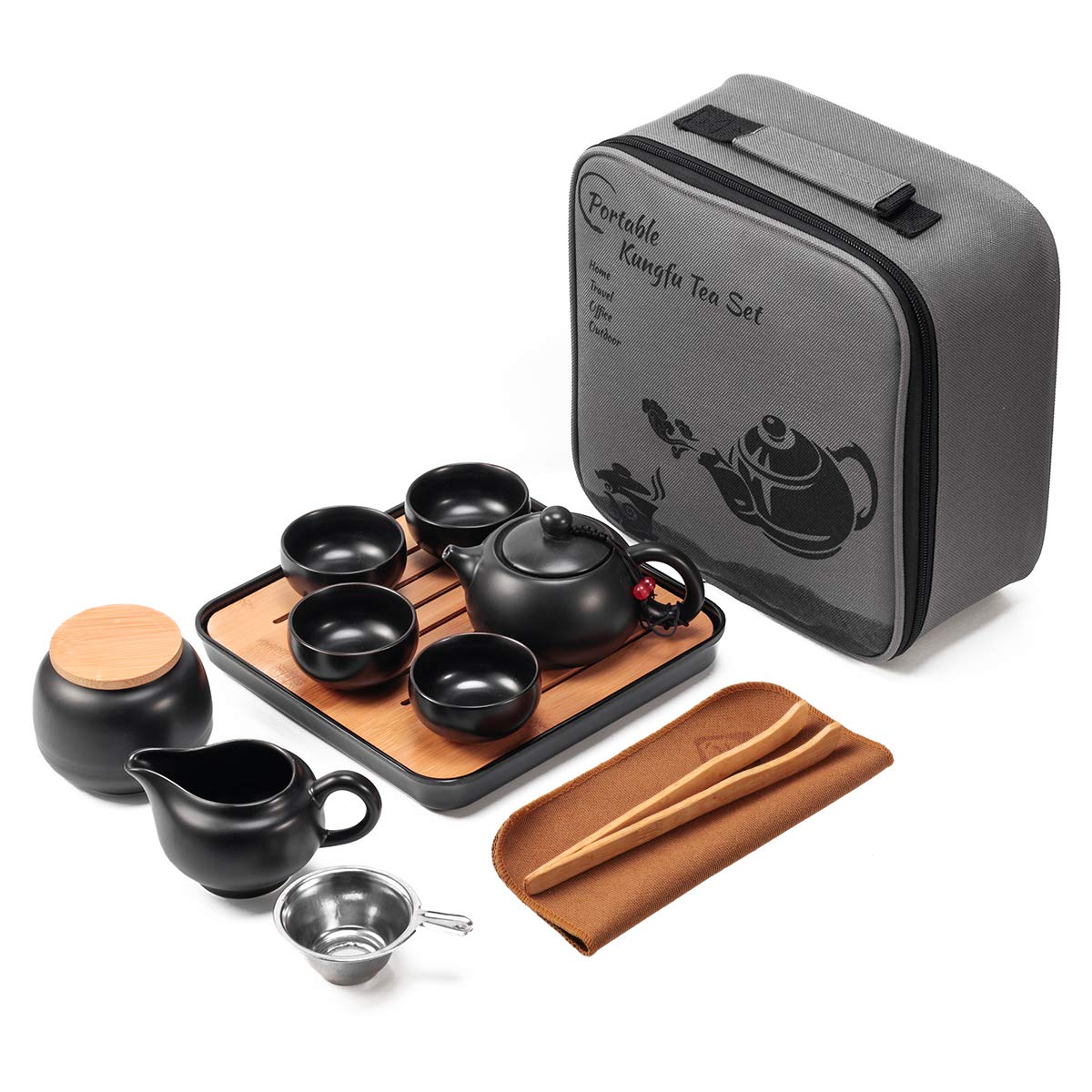Lyty tetera negra con juego de tazas para viaje, elegante y práctico.