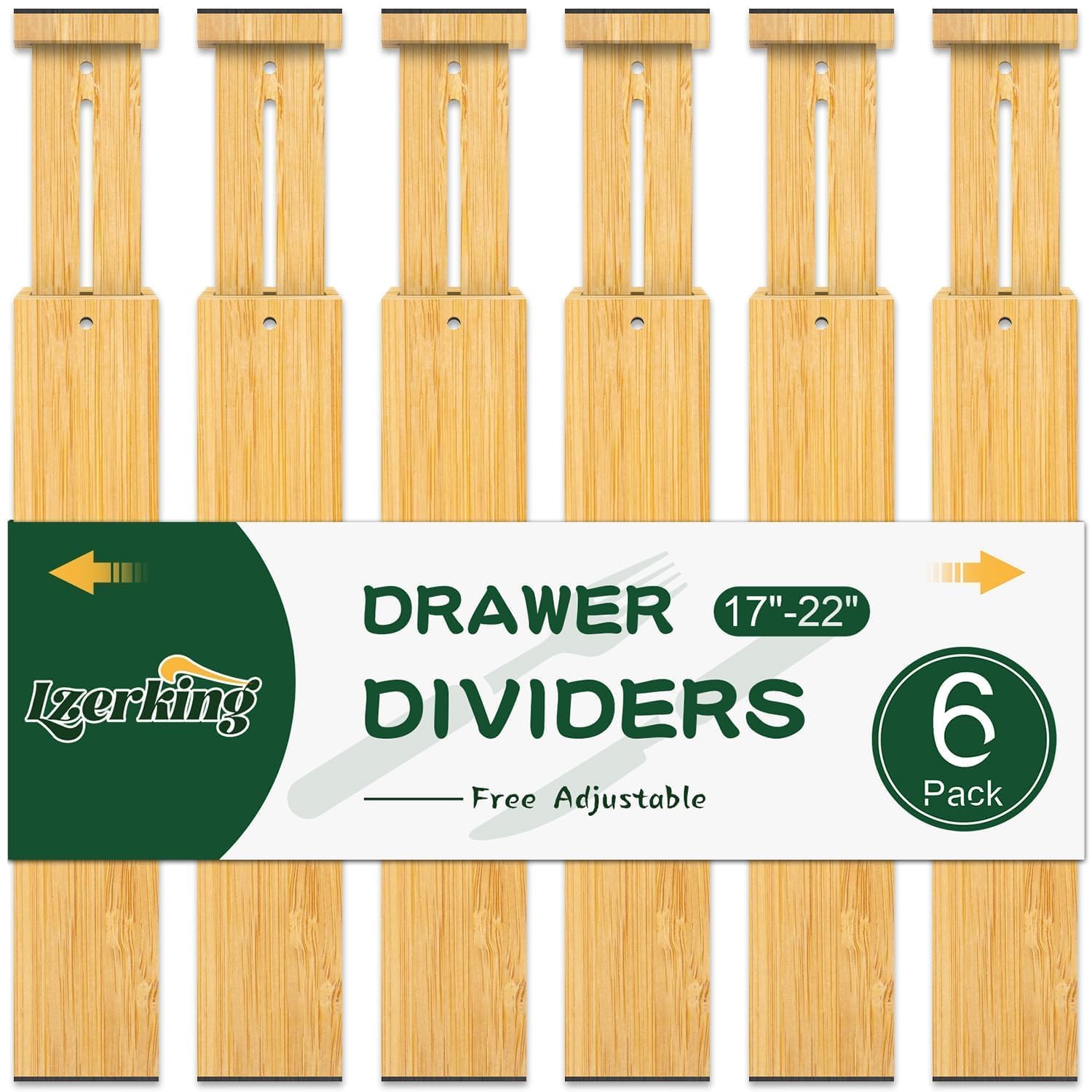Divisores de cajón Lzerking ajustables para organizar utensilios de cocina y cubiertos.