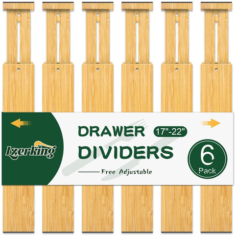Divisores de cajón Lzerking ajustables para organizar utensilios de cocina y cubiertos.