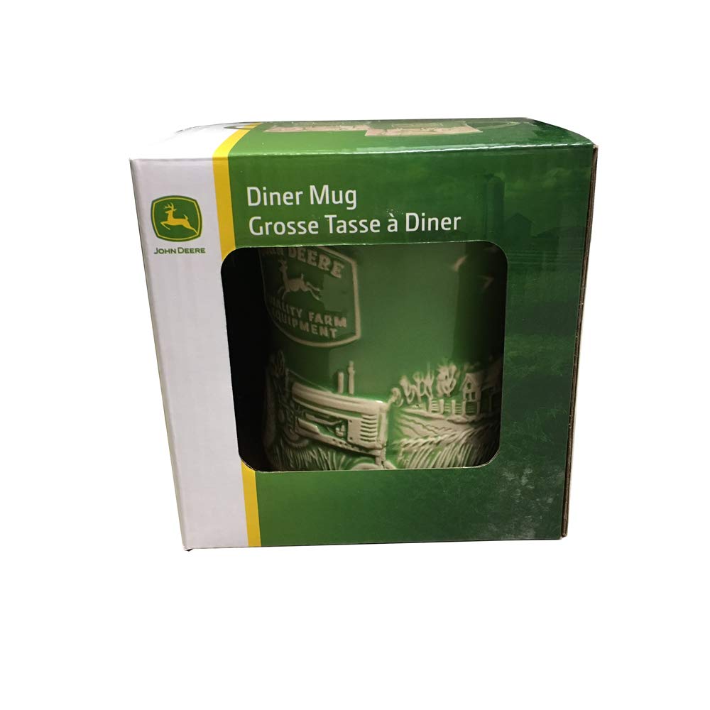 Taza John Deere con glaseado crema y verde, apta para microondas y limpieza diaria.