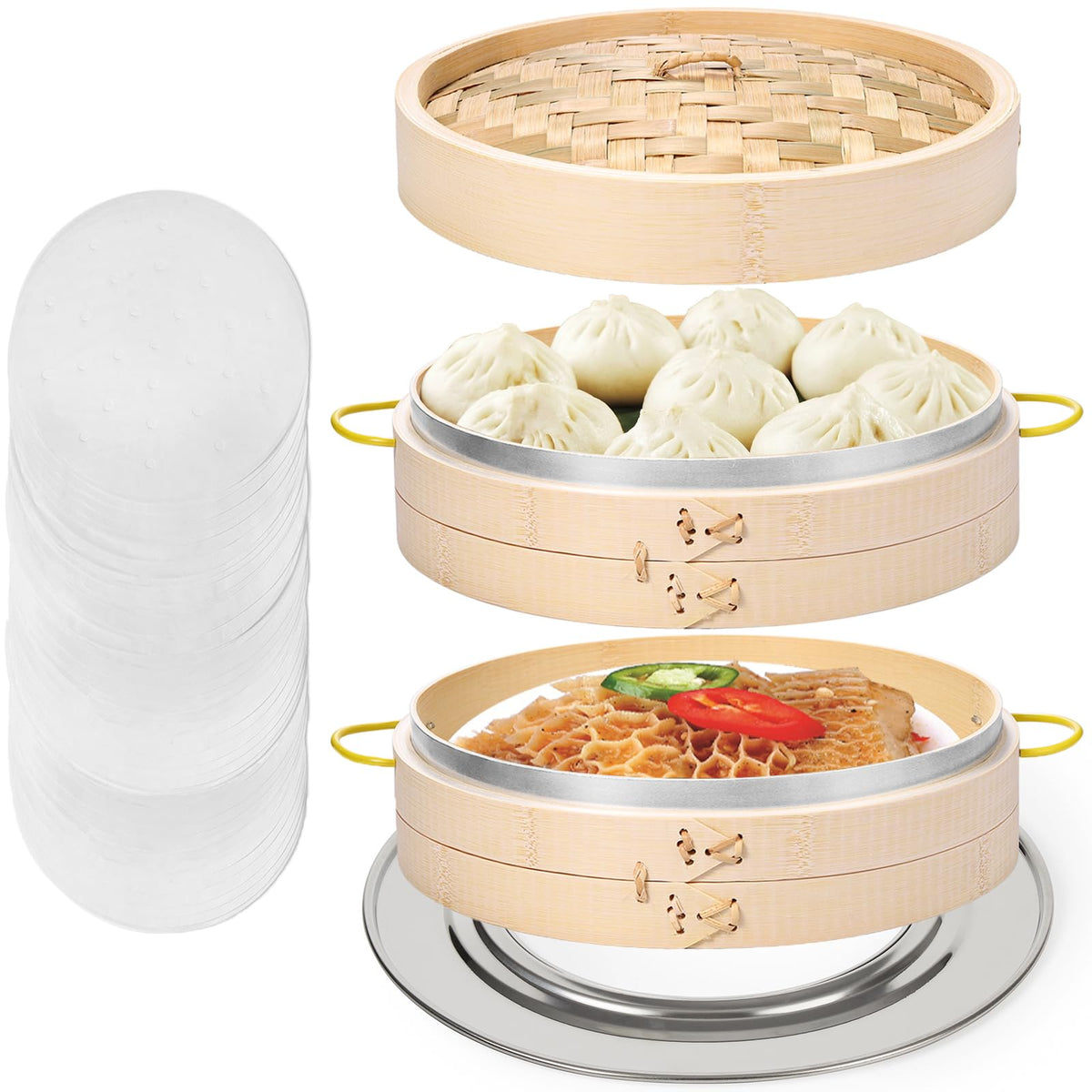 MacaRio cesto vapor bambú 10 pulgadas para cocinar al vapor, ideal para dim sum.