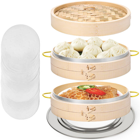 MacaRio cesto vapor bambú 10 pulgadas para cocinar al vapor, ideal para dim sum.