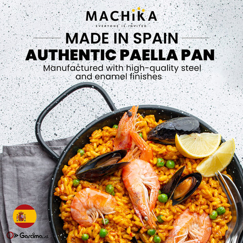 Paellera Machika enamelada 12 pulgadas: uso en cocina interior para platos de arroz.