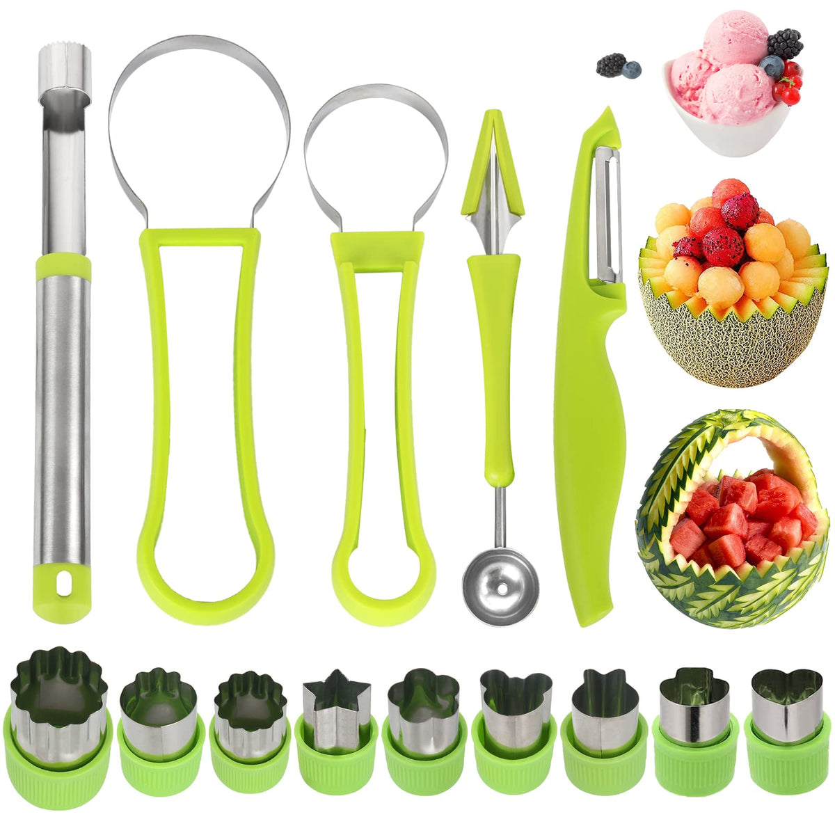 Machomby melón bola 4 en 1, herramienta duradera para esculpir frutas.