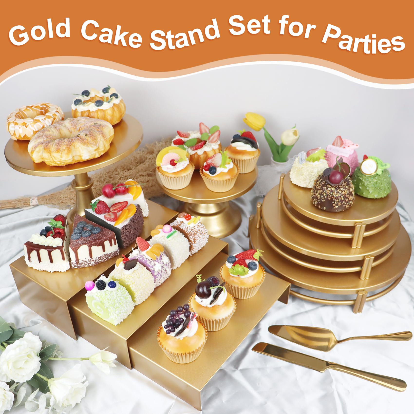 MACIFECI expositores oro 1, muestra cupcakes con brillo dorado