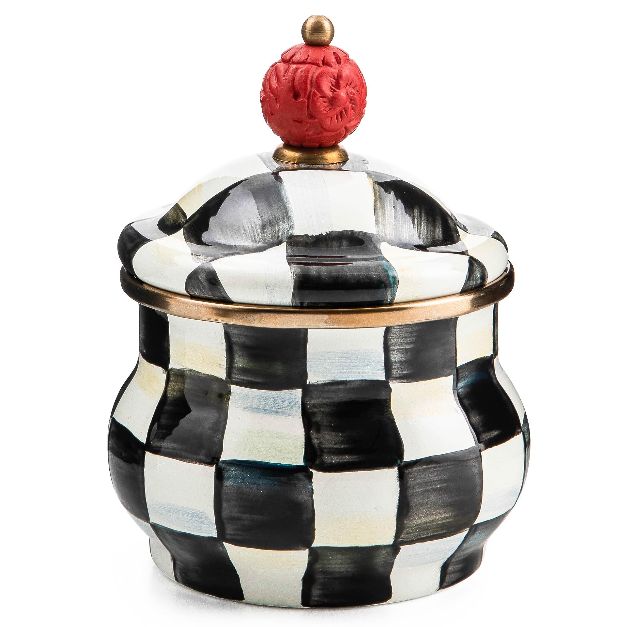 MACKENZIE-CHILDS azucarero esmaltado con tapa y cuadros blanco-negro, práctico para azúcar.