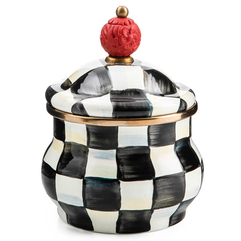 MACKENZIE-CHILDS azucarero esmaltado con tapa y cuadros blanco-negro, práctico para azúcar.