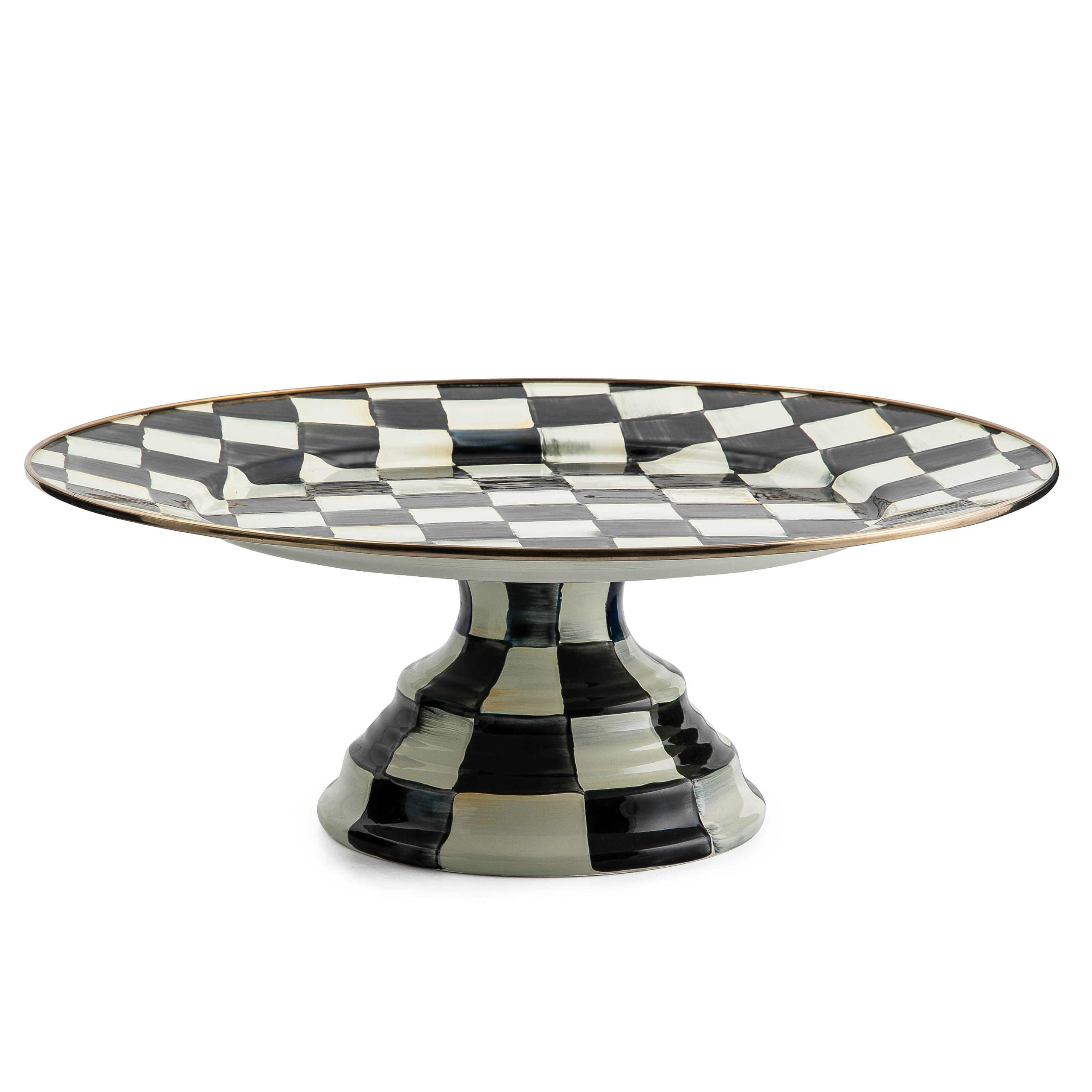Bandeja pedestal esmaltada Mackenzie-Childs, redonda con Courtly Check para servir tentempies con estilo