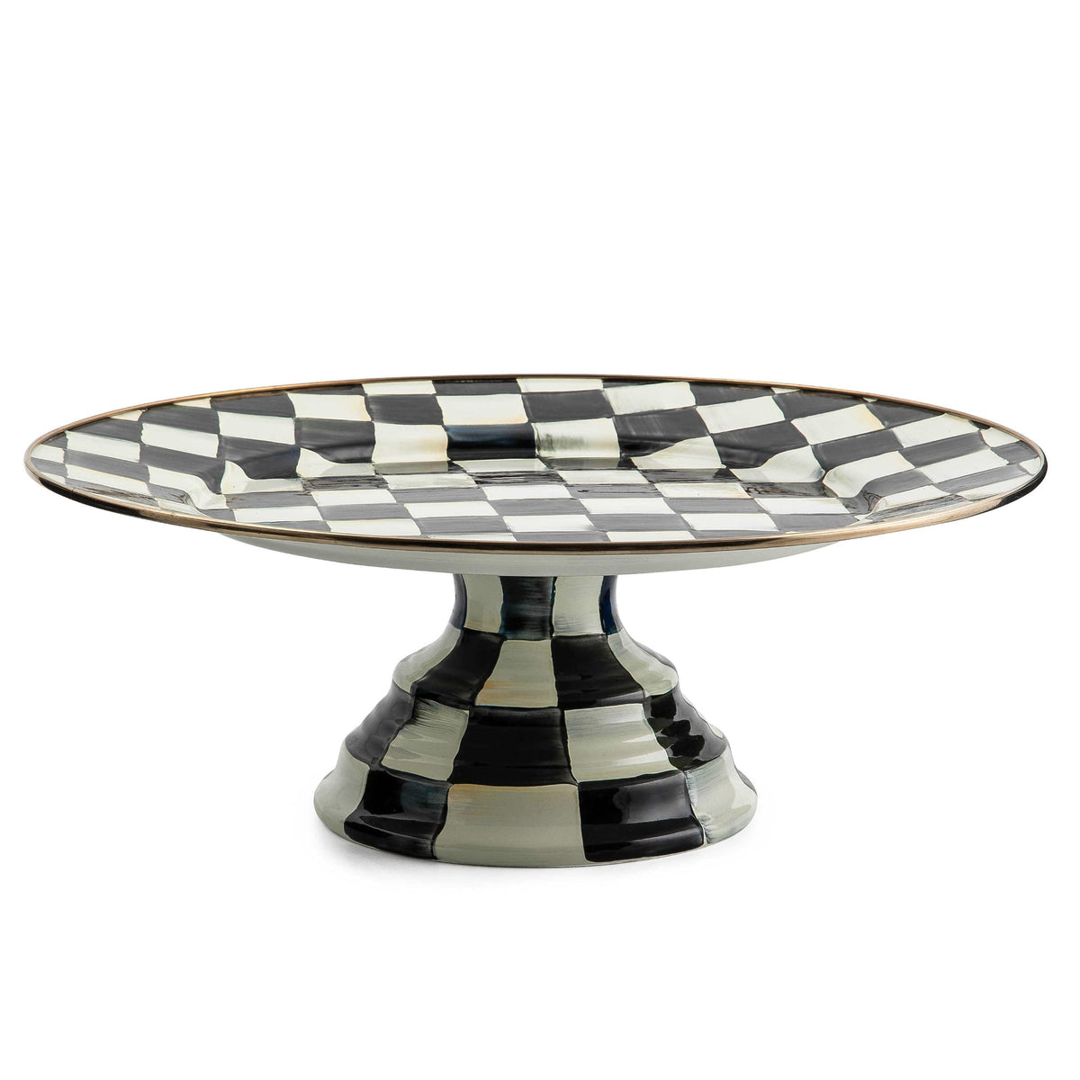 Bandeja pedestal esmaltada Mackenzie-Childs, redonda con Courtly Check para servir tentempies con estilo