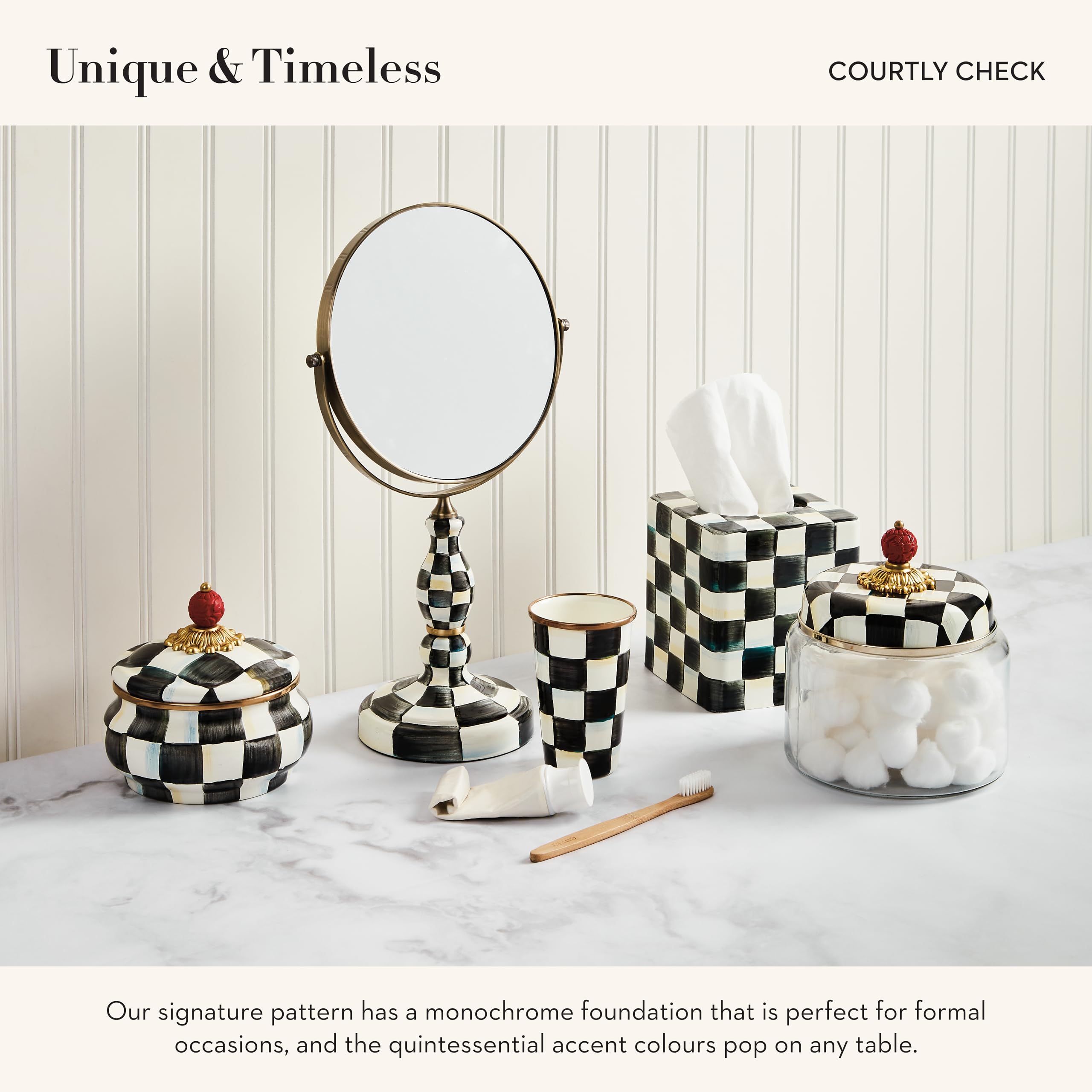 MACKENZIE-CHILDS tarro esmaltado con borde bronceado Courtly Check, decoración elegante.
