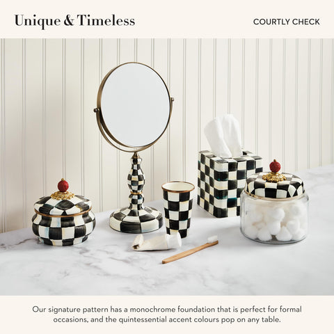 MACKENZIE-CHILDS tarro esmaltado con borde bronceado Courtly Check, decoración elegante.