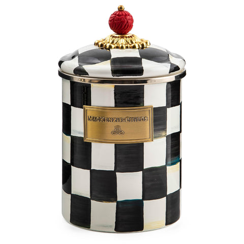Contenedor esmaltado Mackenzie-Childs Courtly Check de 1,42 L para harina y azúcar.