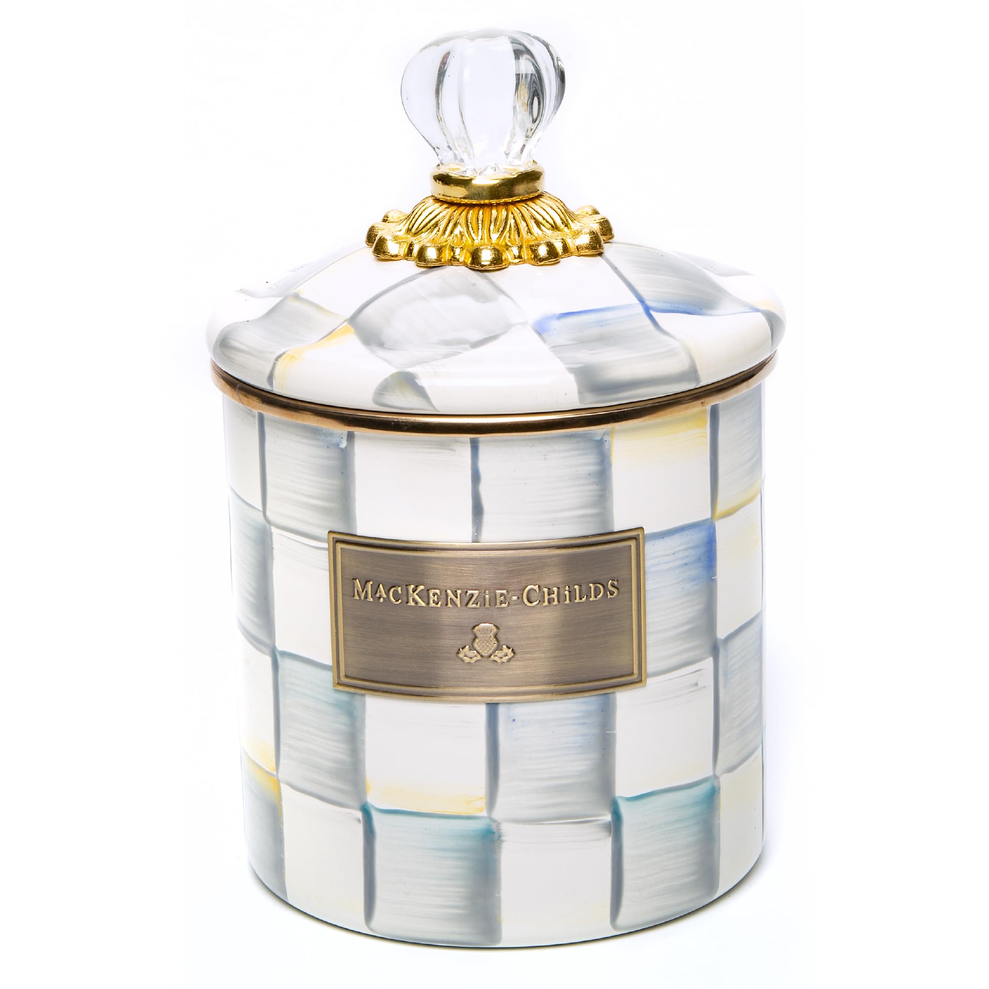 MacKenzie-Childs contenedor esmaltado, frente con tapa de cristal.