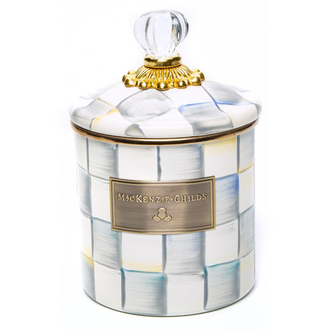 MacKenzie-Childs contenedor esmaltado, frente con tapa de cristal.