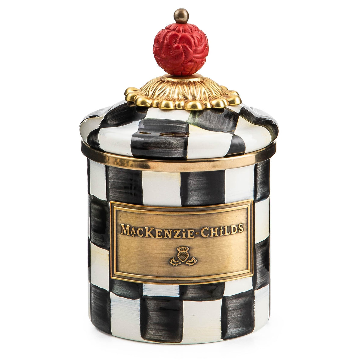 Lata esmaltada Courtly Check de Mackenzie-Childs con tapa de cristal para almacenamiento elegante.
