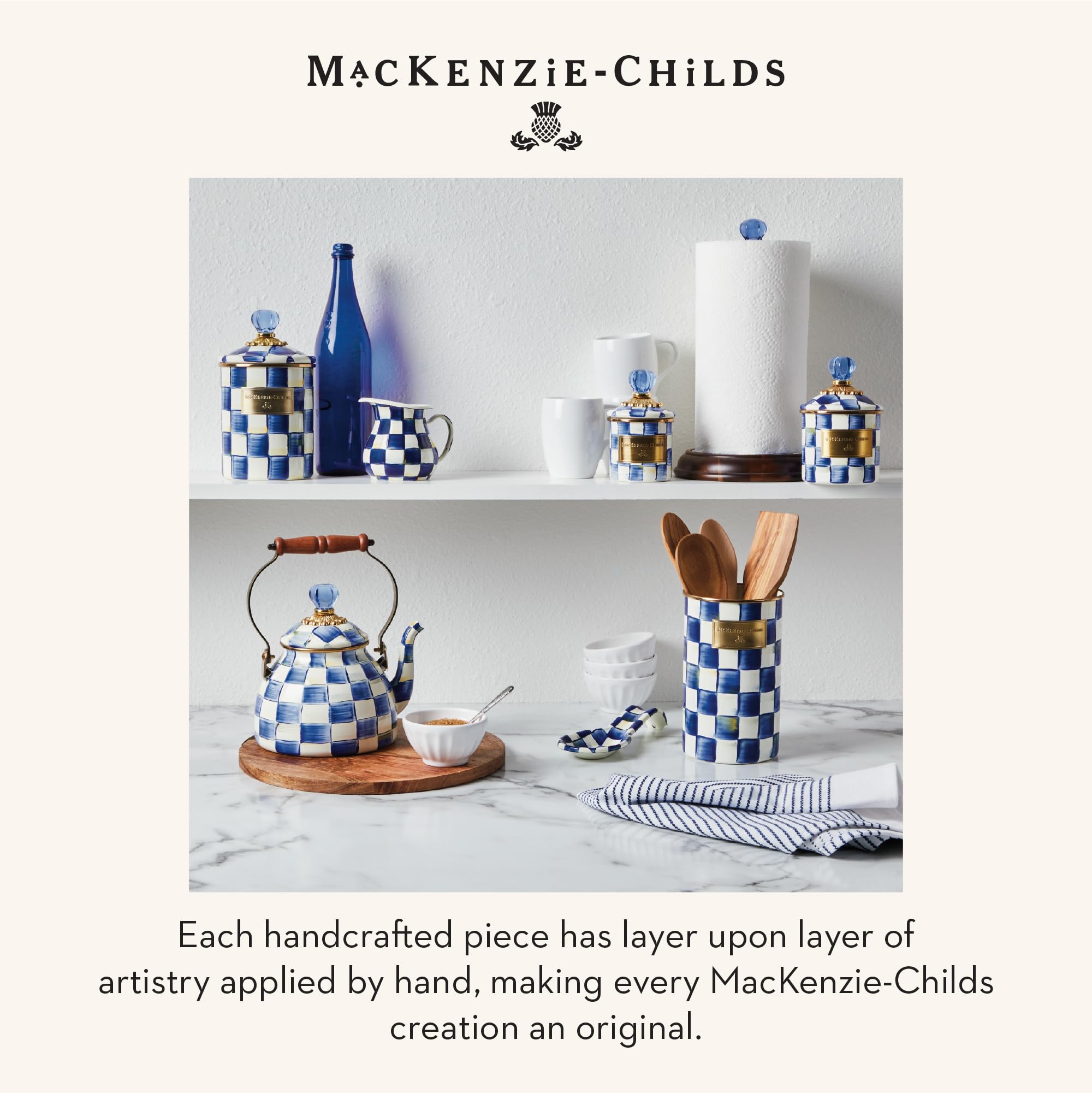 MacKenzie-Childs diseño esmaltado para cocina, presentación elegante de utensilios.