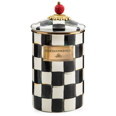 Mackenzie-Childs canister esmaltado Courtly Check, vista frontal para almacenamiento con estilo