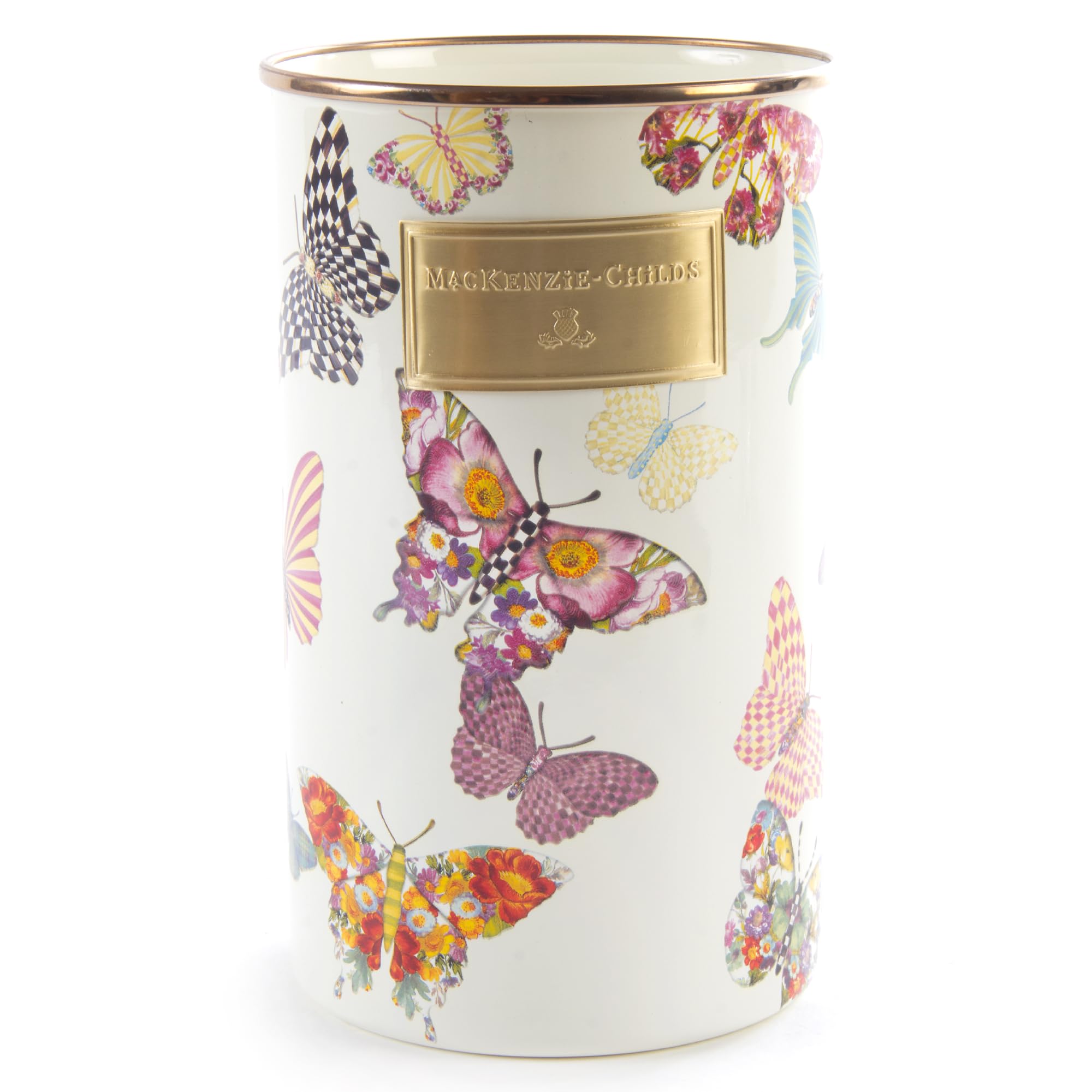 MacKenzie-Childs porta-utensilios esmaltado en jardín de mariposas, ideal para organizar utensilios de cocina con estilo.