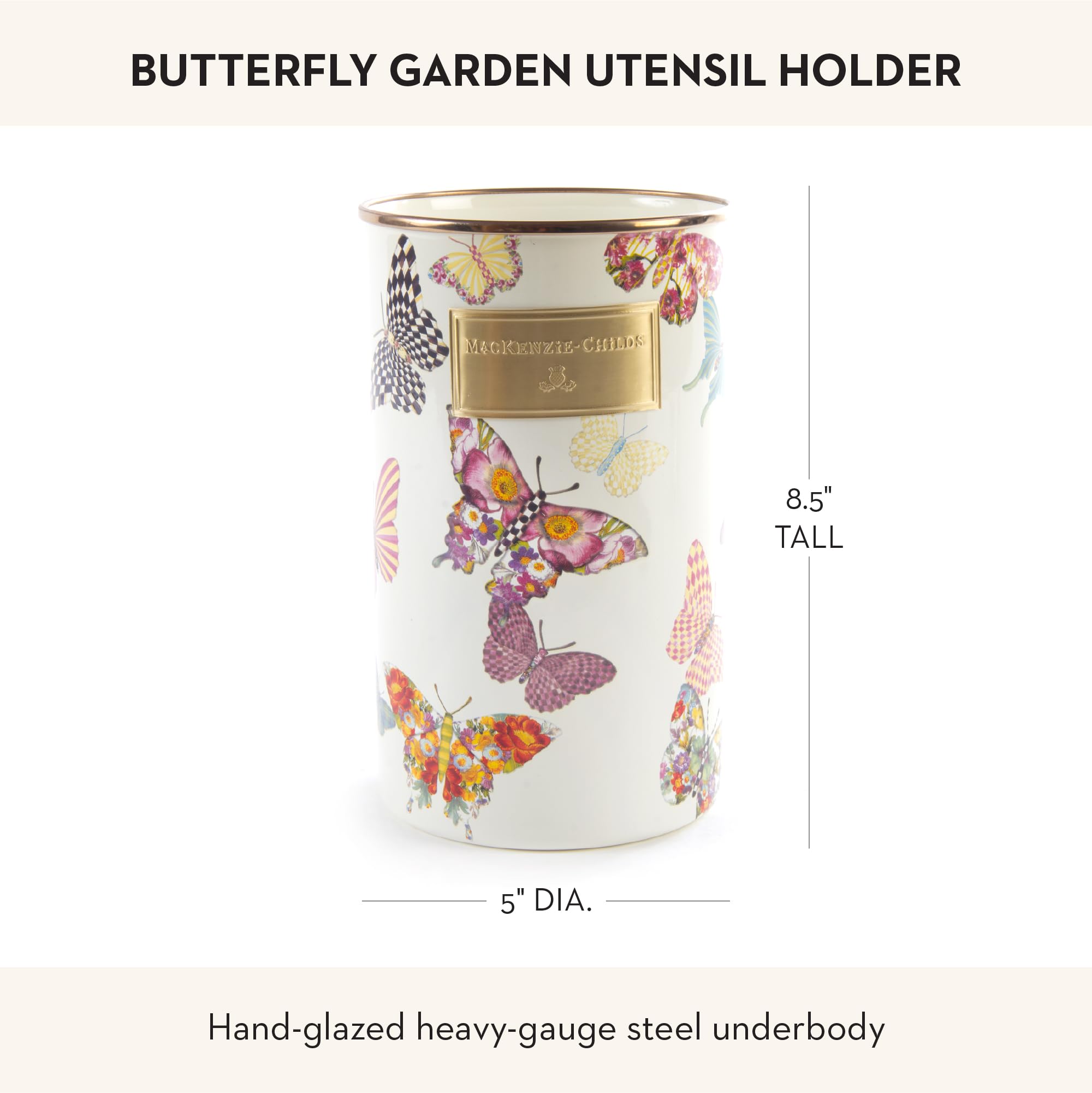 MacKenzie-Childs porta-utensilios esmaltado, jardín-mariposas, texturas brillantes para un espacio culinario único.