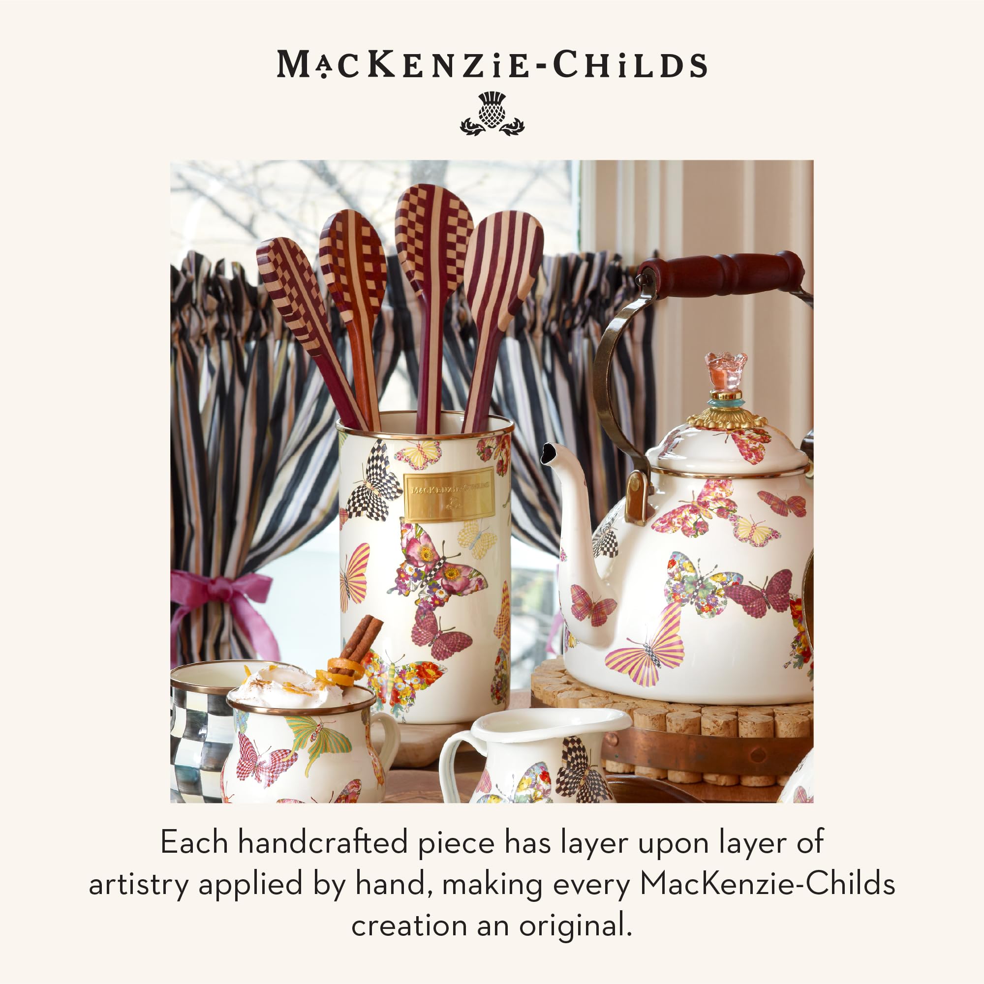 MacKenzie-Childs porta-utensilios esmaltado, jardín-mariposas, fácil de limpiar y mantener.