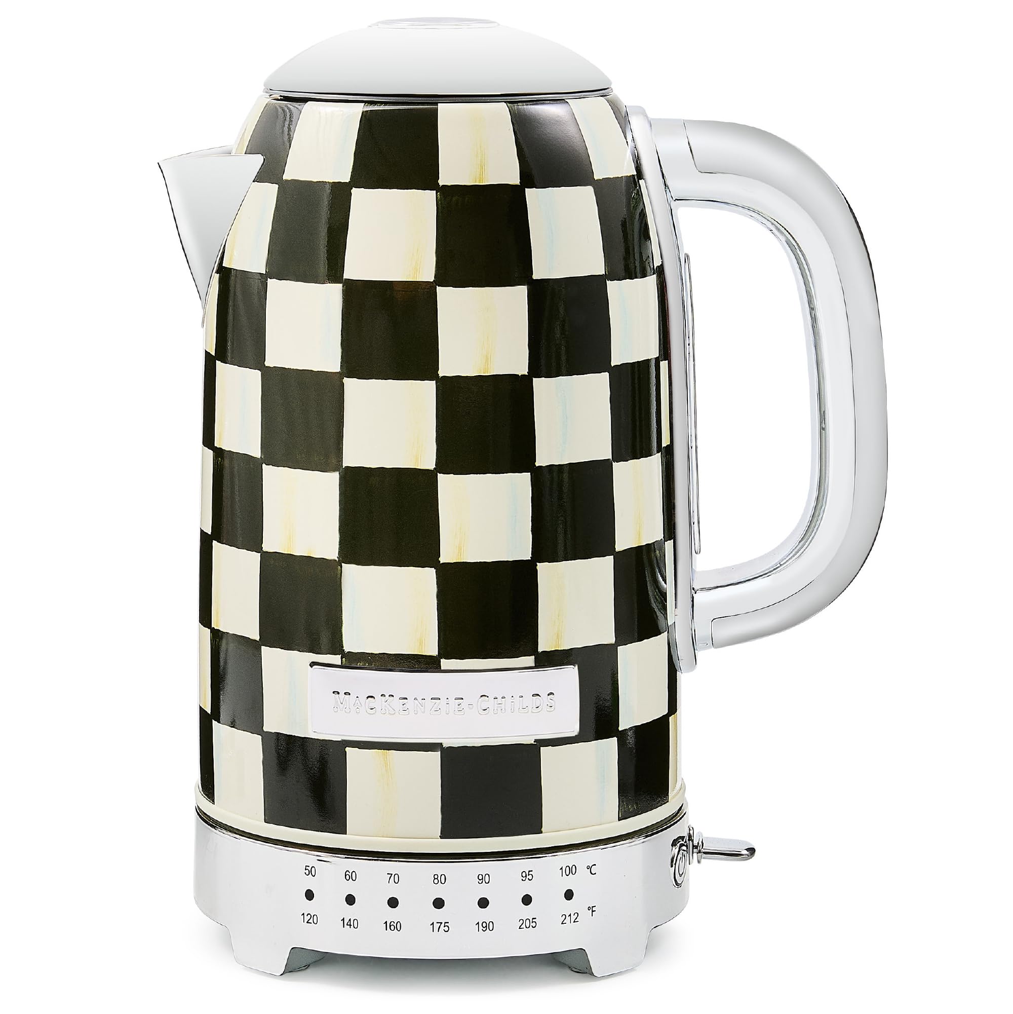 MACKENZIE-CHILDS hervidor eléctrico con patrón de cuadros negro y blanco para bebidas.