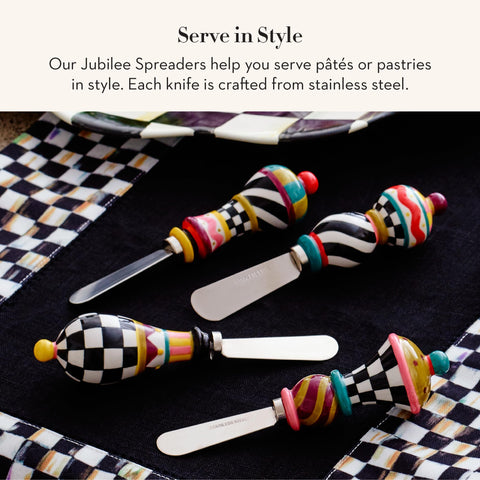MACKENZIE-CHILDS Jubilee: conjunto de 4 cuchillos para charcutería con mangos coloridos.